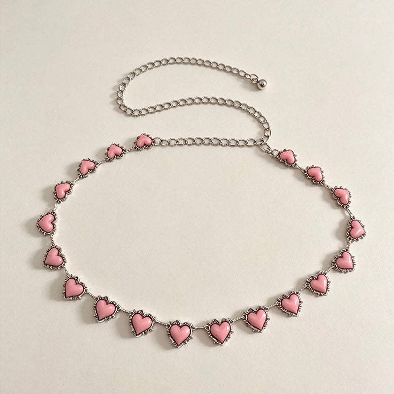 Heart Charm Metal Chain Waist Belt - Pink-2