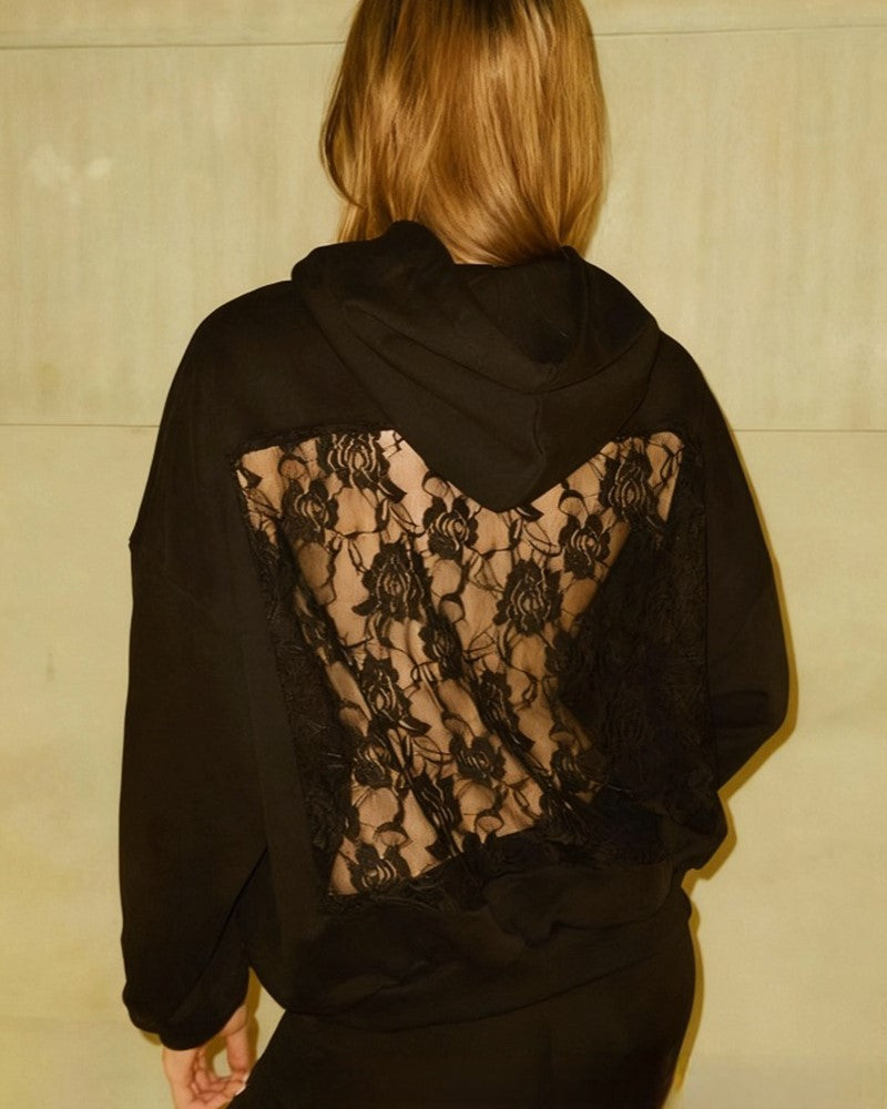 Lace Back Panel Hooded Sweatshirt - Black