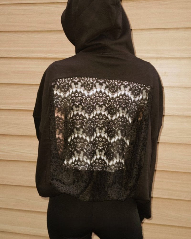 Lace Back Panel Hooded Sweatshirt - Flower