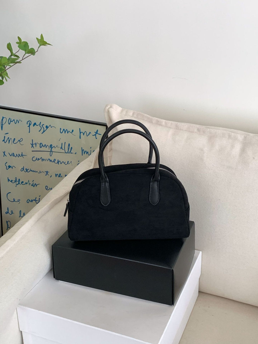 Faux Suede Bowling Top Handle Bag - Black