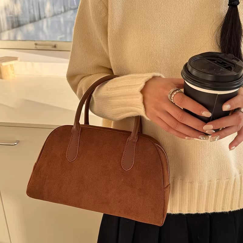 Faux Suede Bowling Top Handle Bag