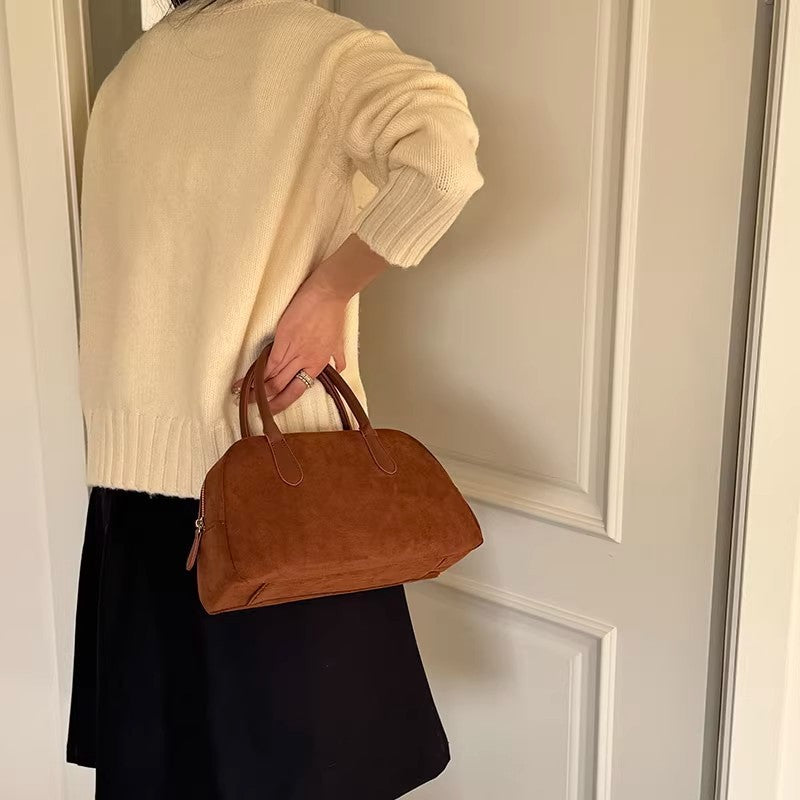 Faux Suede Bowling Top Handle Bag