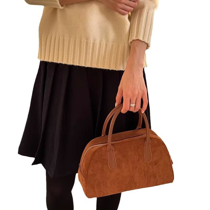 Faux Suede Bowling Top Handle Bag