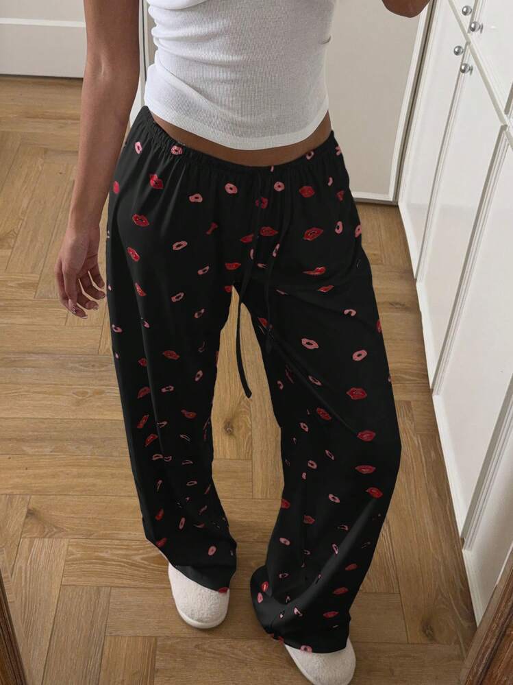 Kiss Print Drawstring Wide Leg Loungewear Pants - Black - 1