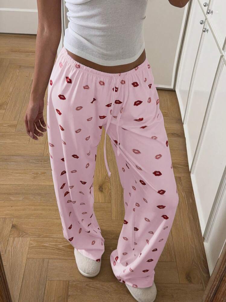Kiss Print Drawstring Wide Leg Loungewear Pants - Pink