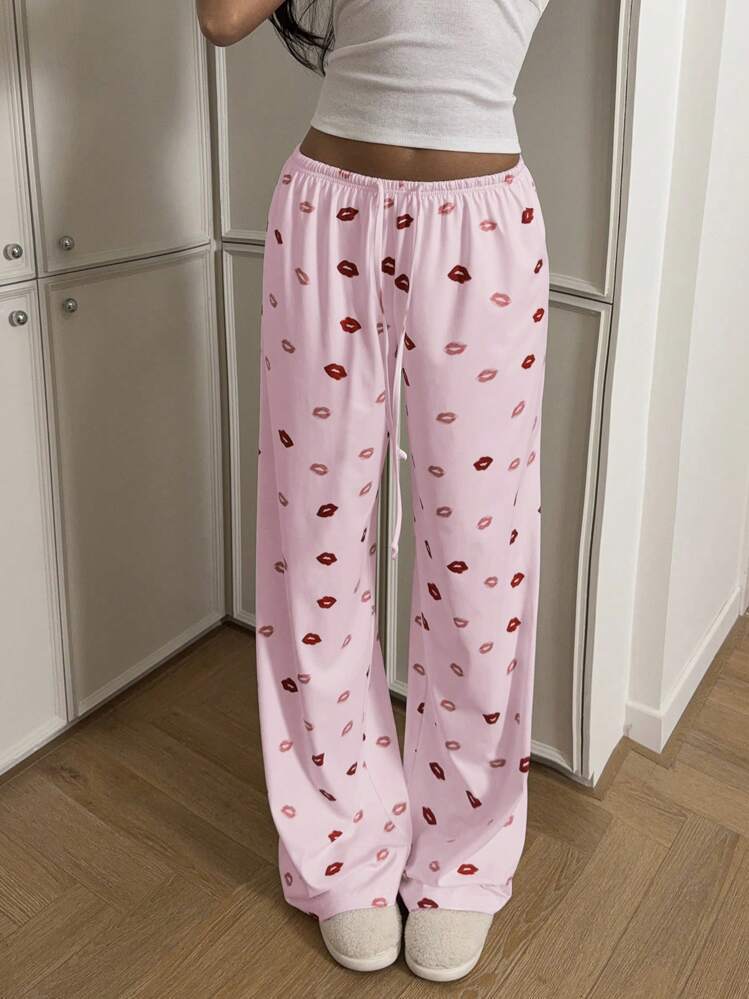 Kiss Print Drawstring Wide Leg Loungewear Pants - Pink - 2