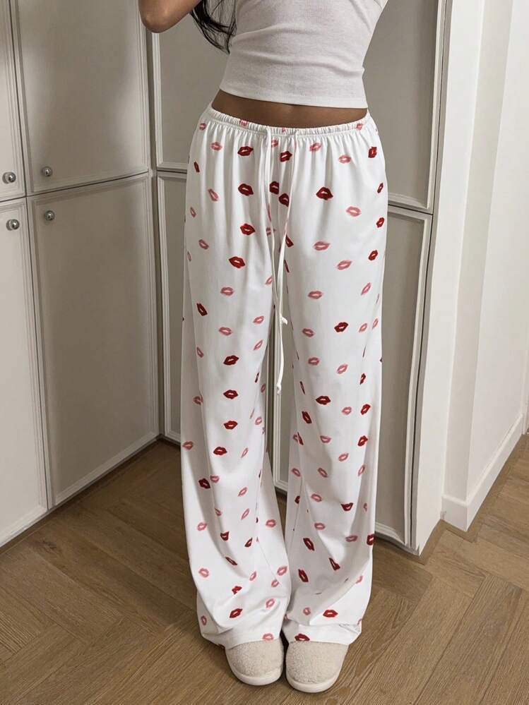Kiss Print Drawstring Wide Leg Loungewear Pants - White