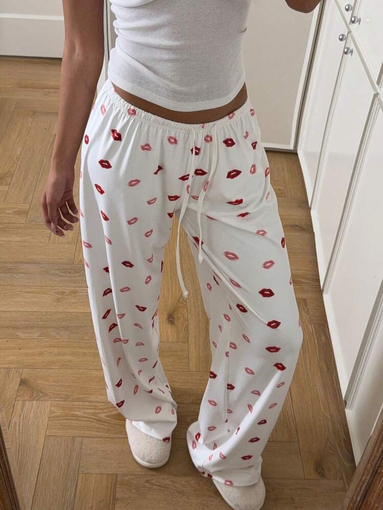 Kiss Print Drawstring Wide Leg Loungewear Pants - White - 1