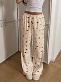 Kiss Print Drawstring Wide Leg Loungewear Pants - Yellow