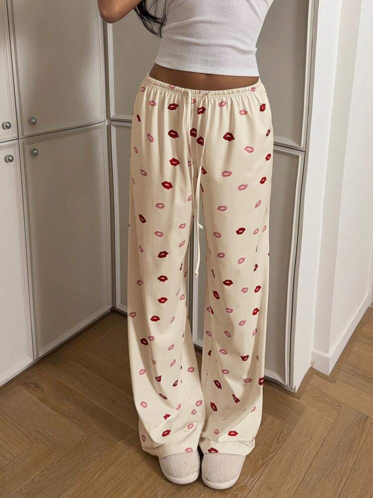 Kiss Print Drawstring Wide Leg Loungewear Pants - Yellow