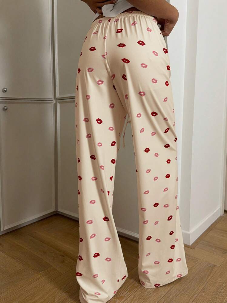 Kiss Print Drawstring Wide Leg Loungewear Pants - Yellow - 1
