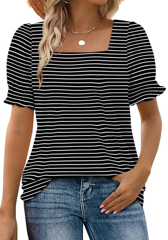 Square Neck Ruffle Cuff Short Sleeve Tee - Black_Stripe