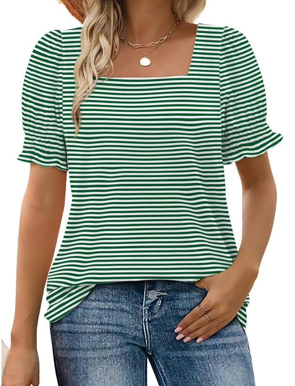 Square Neck Ruffle Cuff Short Sleeve Tee - Green_Stripe