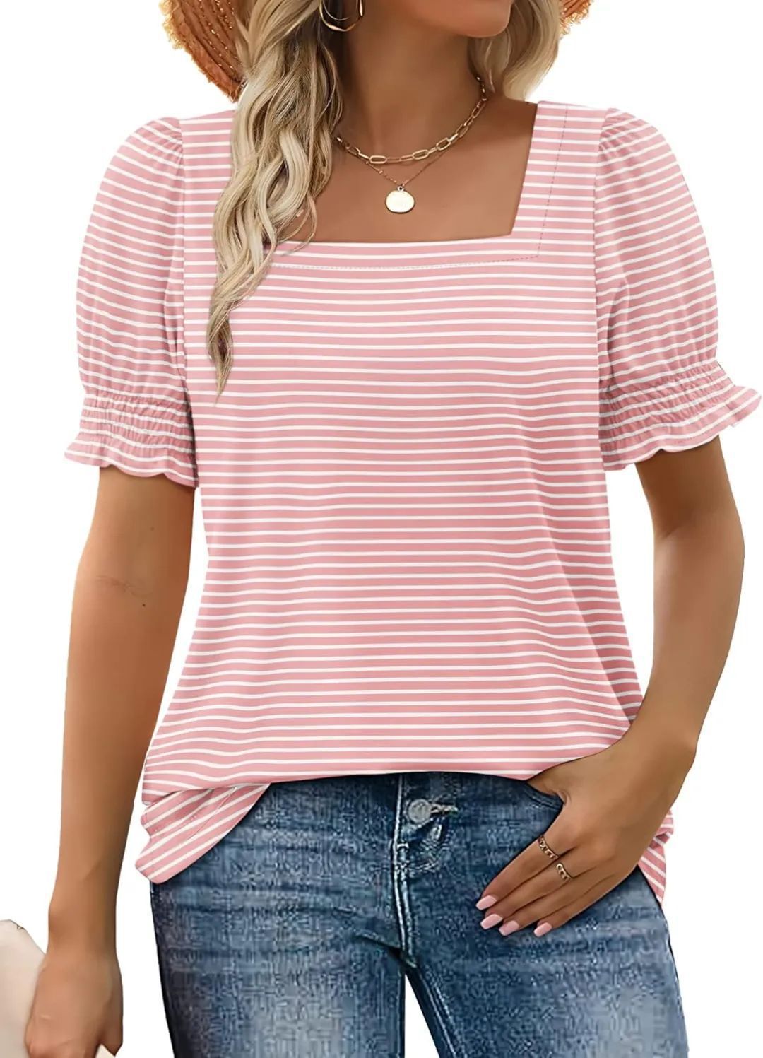 Square Neck Ruffle Cuff Short Sleeve Tee - Pink_Stripe