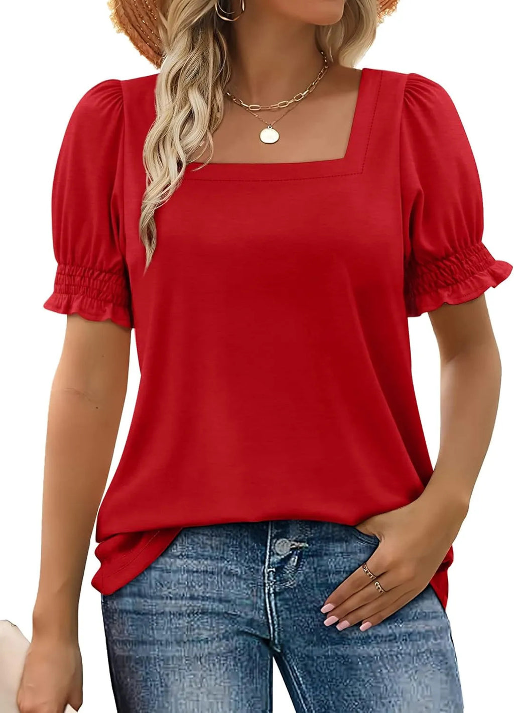 Square Neck Ruffle Cuff Short Sleeve Tee - Red