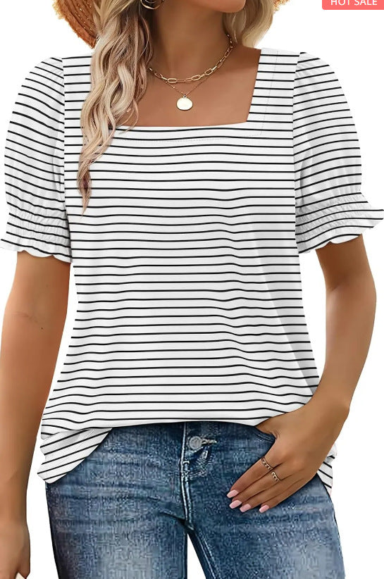 Square Neck Ruffle Cuff Short Sleeve Tee - White_Stripe