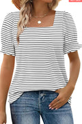 Square Neck Ruffle Cuff Short Sleeve Tee - White_Stripe