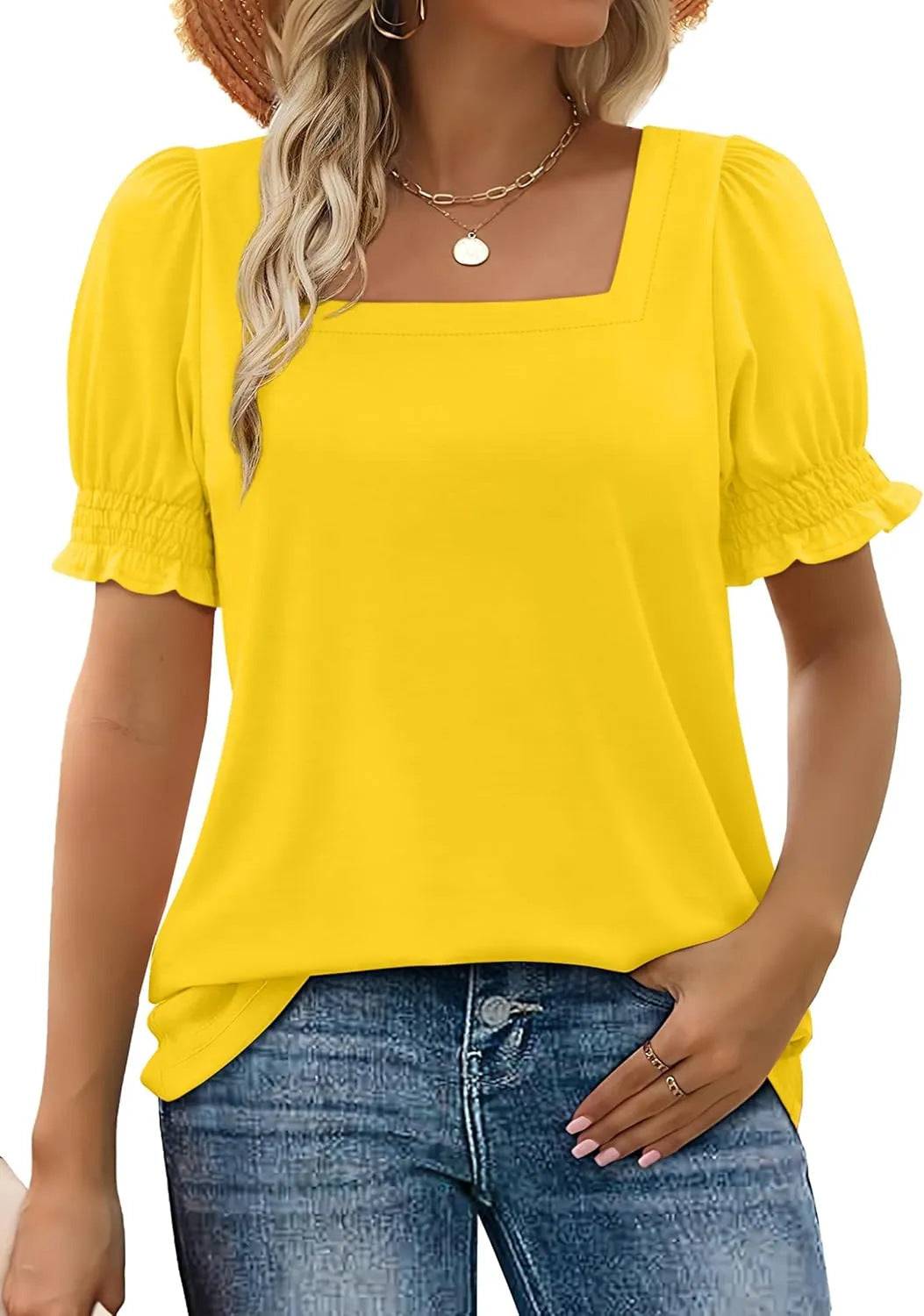 Square Neck Ruffle Cuff Short Sleeve Tee - Yellow