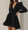 Plunge V-Neck Puff Sleeve Skater Dress - Black