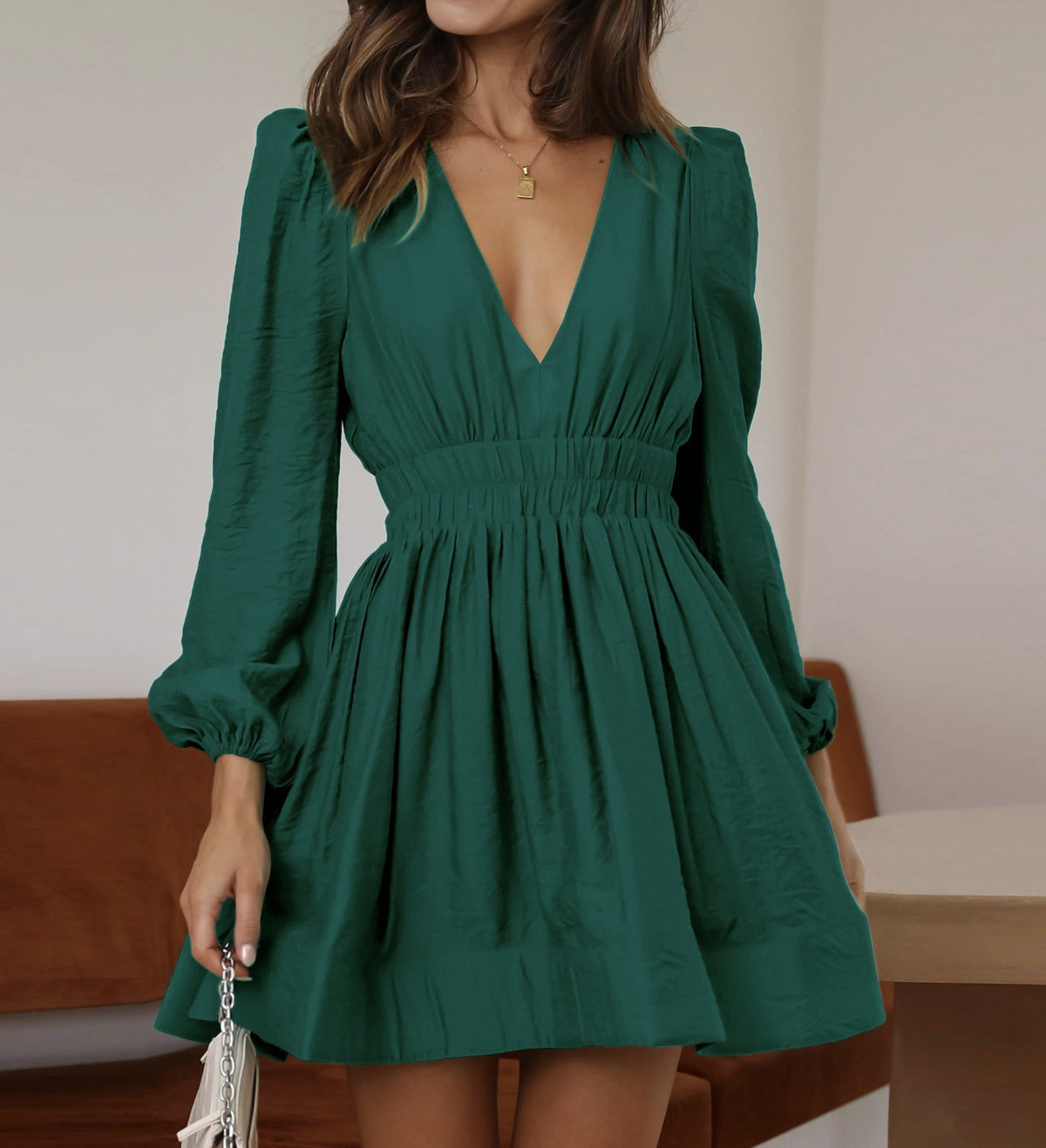 Plunge V-Neck Puff Sleeve Skater Dress - Green