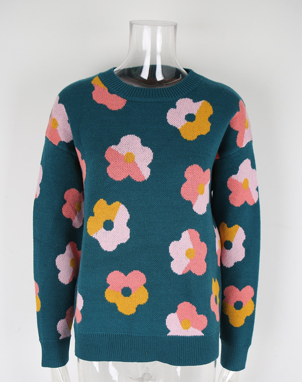 Retro Floral Jacquard Crewneck Knit Sweater - Blue
