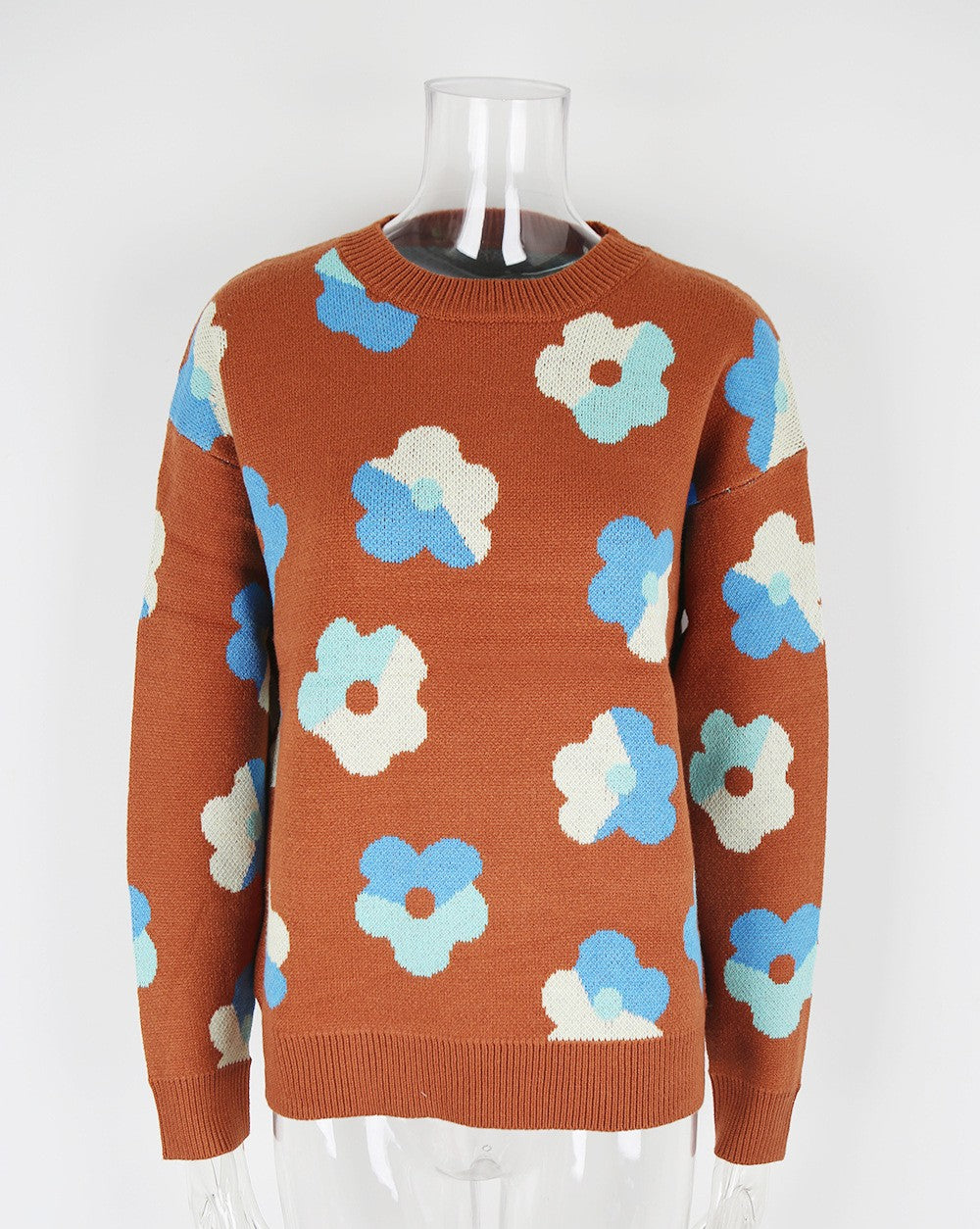 Retro Floral Jacquard Crewneck Knit Sweater - Camel