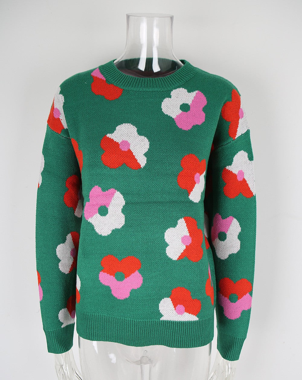 Retro Floral Jacquard Crewneck Knit Sweater - Green - 1
