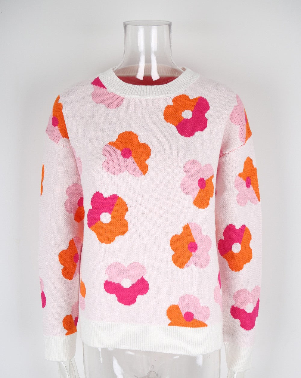 Retro Floral Jacquard Crewneck Knit Sweater - White