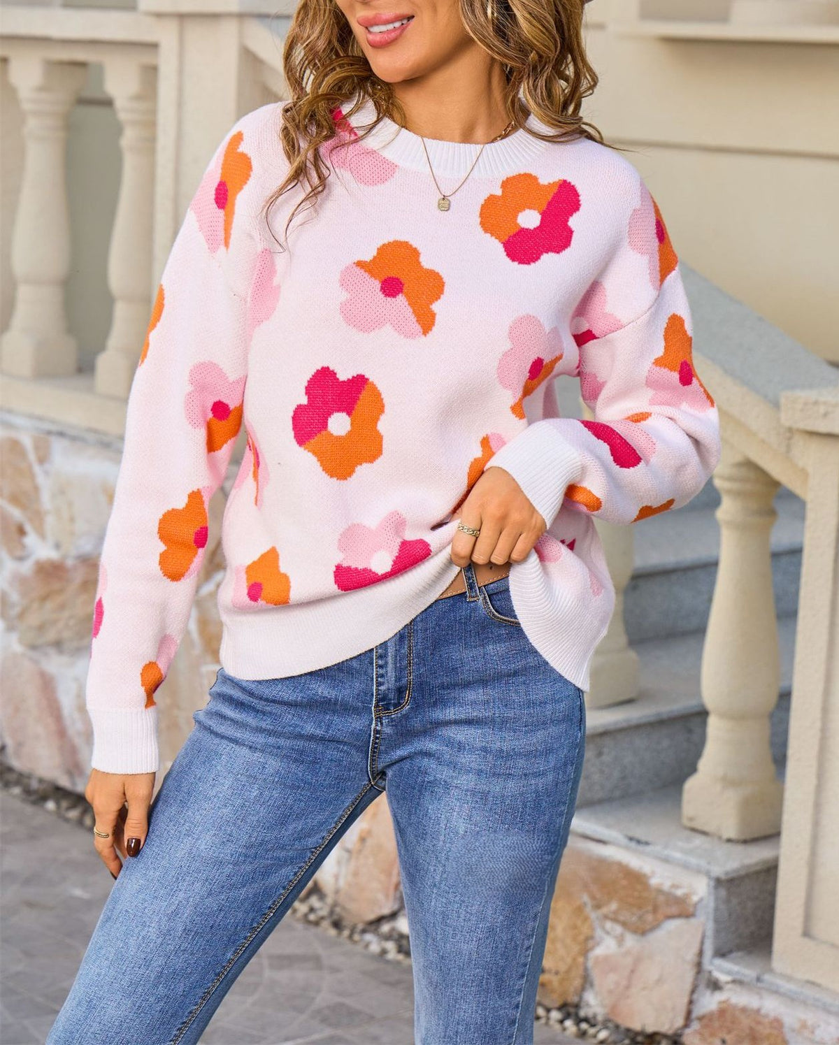 Retro Floral Jacquard Crewneck Knit Sweater - White - 1