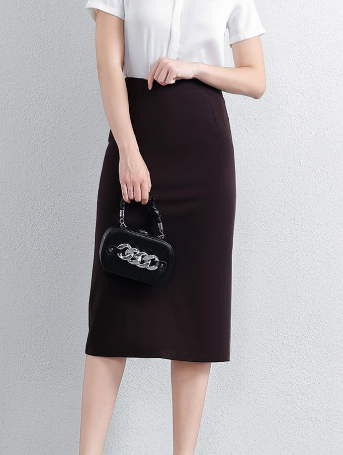 High Waisted Straight Pencil Midi Skirt - Coffee