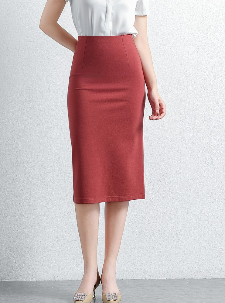 High Waisted Straight Pencil Midi Skirt - Darkred