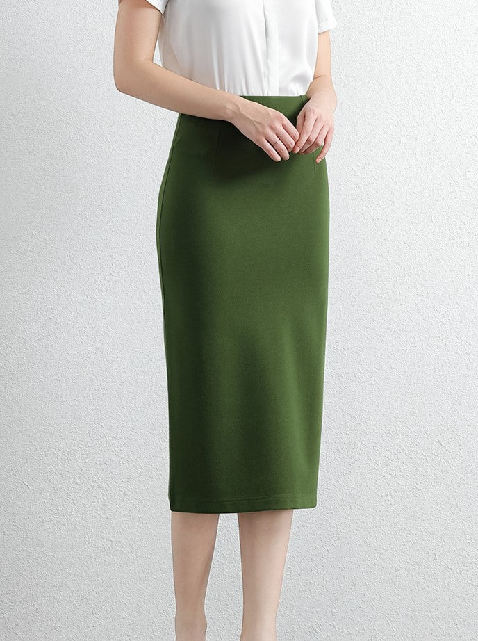 High Waisted Straight Pencil Midi Skirt - Green