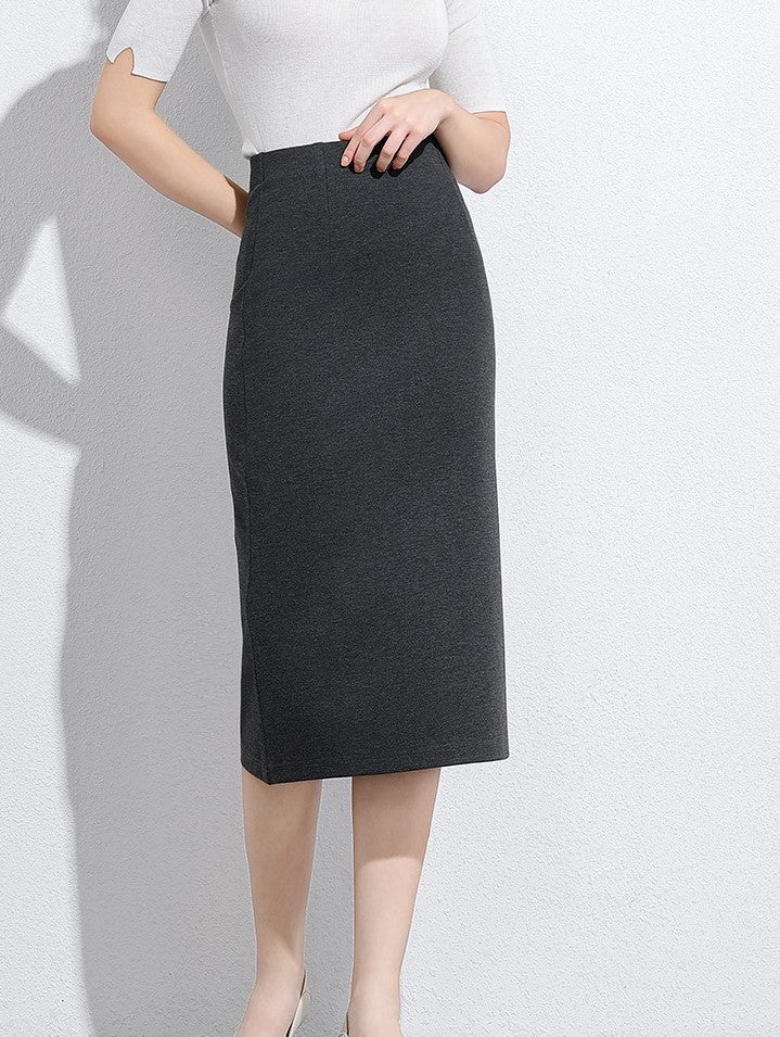 High Waisted Straight Pencil Midi Skirt - Grey