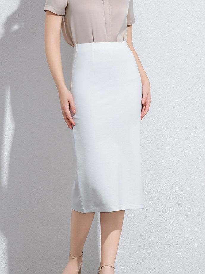 High Waisted Straight Pencil Midi Skirt - White