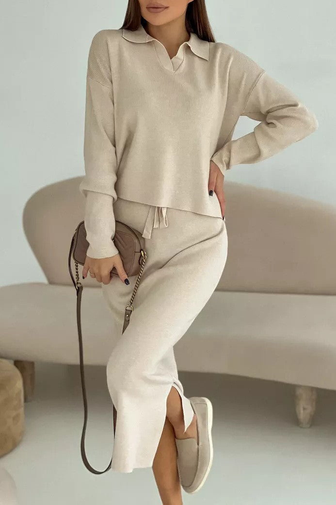 Polo Collar Knit Top And Slit Skirt Set - Beige