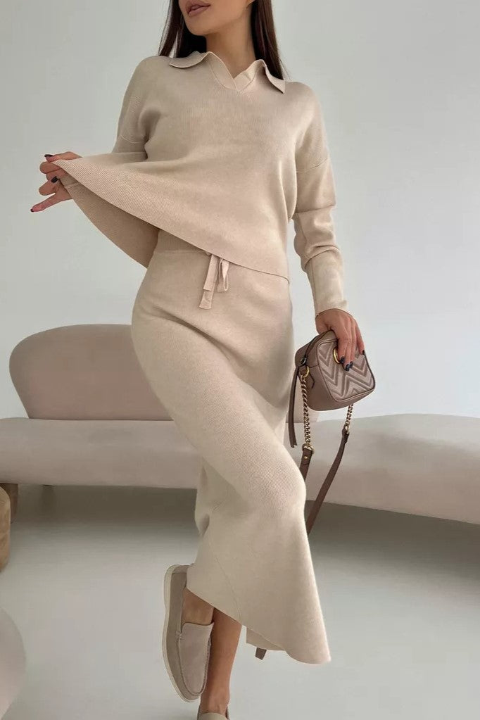 Polo Collar Knit Top And Slit Skirt Set - Beige - 2
