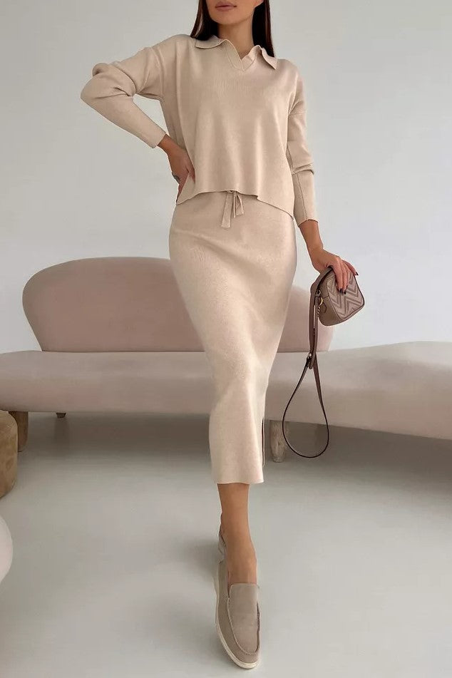 Polo Collar Knit Top And Slit Skirt Set - Beige - 3