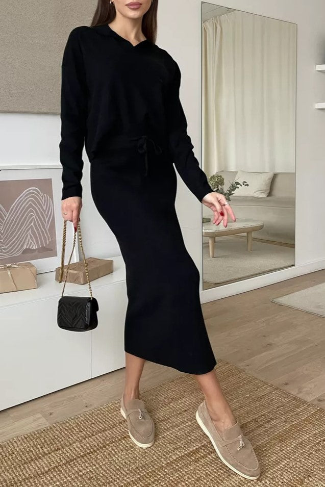 Polo Collar Knit Top And Slit Skirt Set - Black - 1
