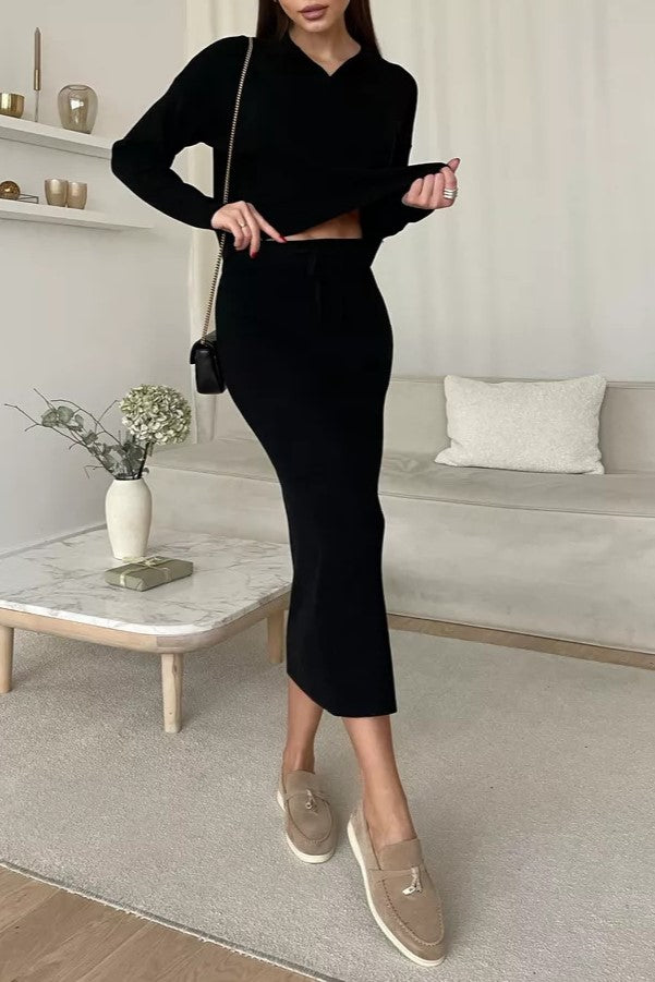 Polo Collar Knit Top And Slit Skirt Set - Black - 3