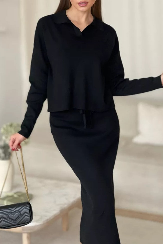 Polo Collar Knit Top And Slit Skirt Set - Black - 4