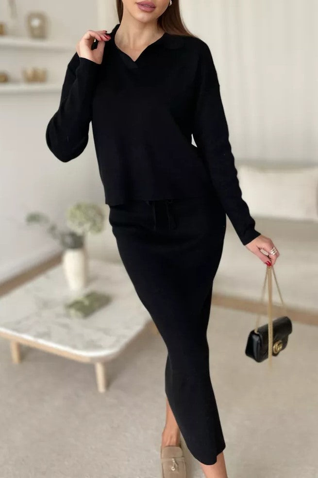 Polo Collar Knit Top And Slit Skirt Set - Black - 5
