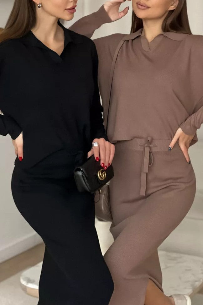 Polo Collar Knit Top And Slit Skirt Set - Brown