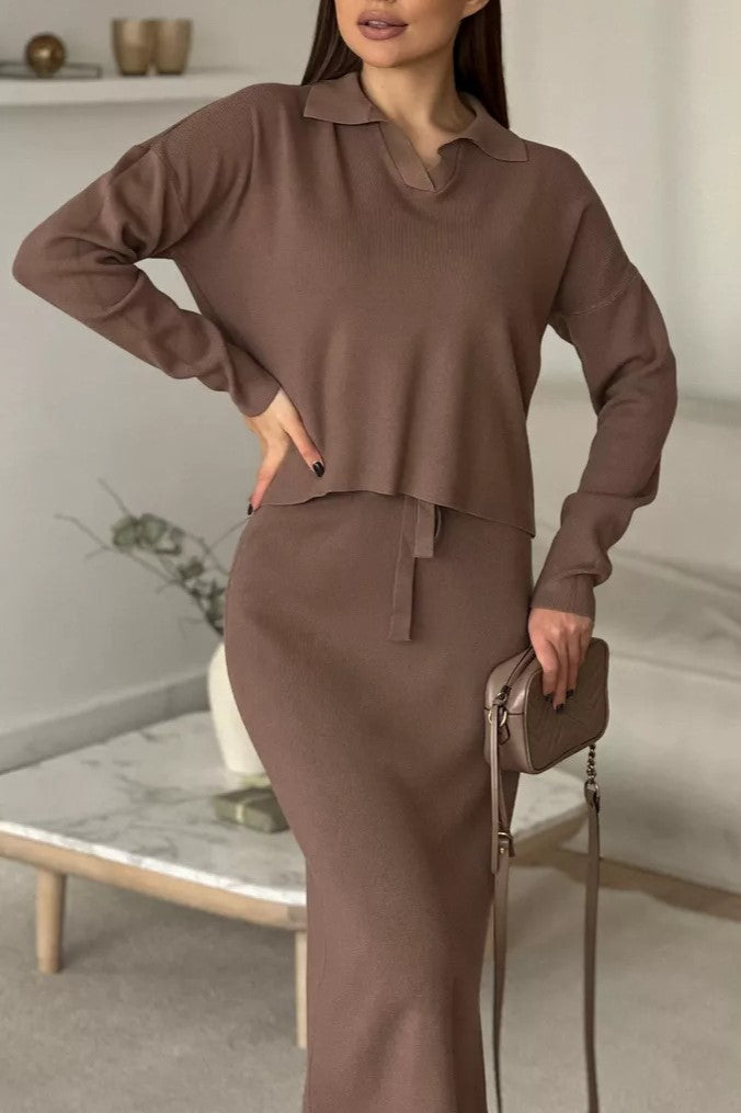 Polo Collar Knit Top And Slit Skirt Set - Brown - 1