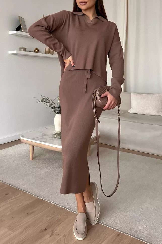 Polo Collar Knit Top And Slit Skirt Set - Brown - 2