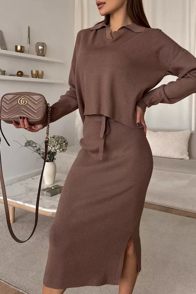 Polo Collar Knit Top And Slit Skirt Set - Brown - 3