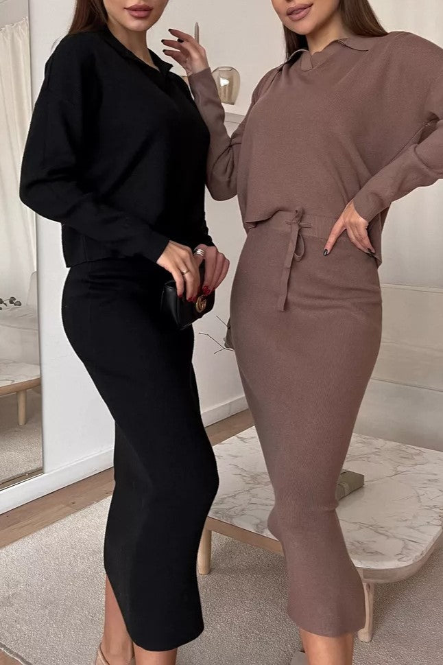 Polo Collar Knit Top And Slit Skirt Set - Brown - 4