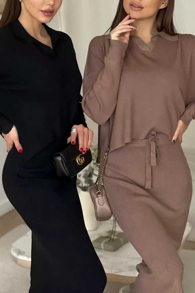 Polo Collar Knit Top And Slit Skirt Set - Brown - 5