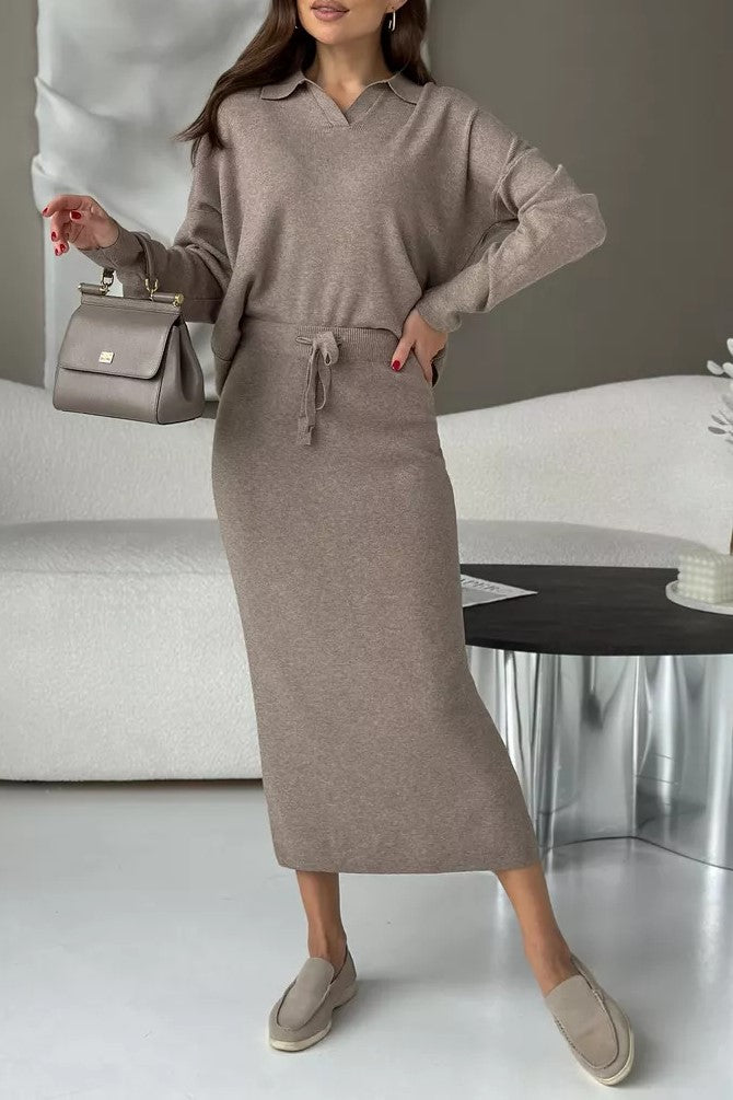 Polo Collar Knit Top And Slit Skirt Set - Taupe