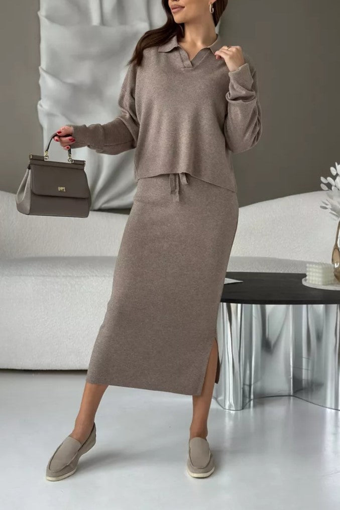 Polo Collar Knit Top And Slit Skirt Set - Taupe - 1