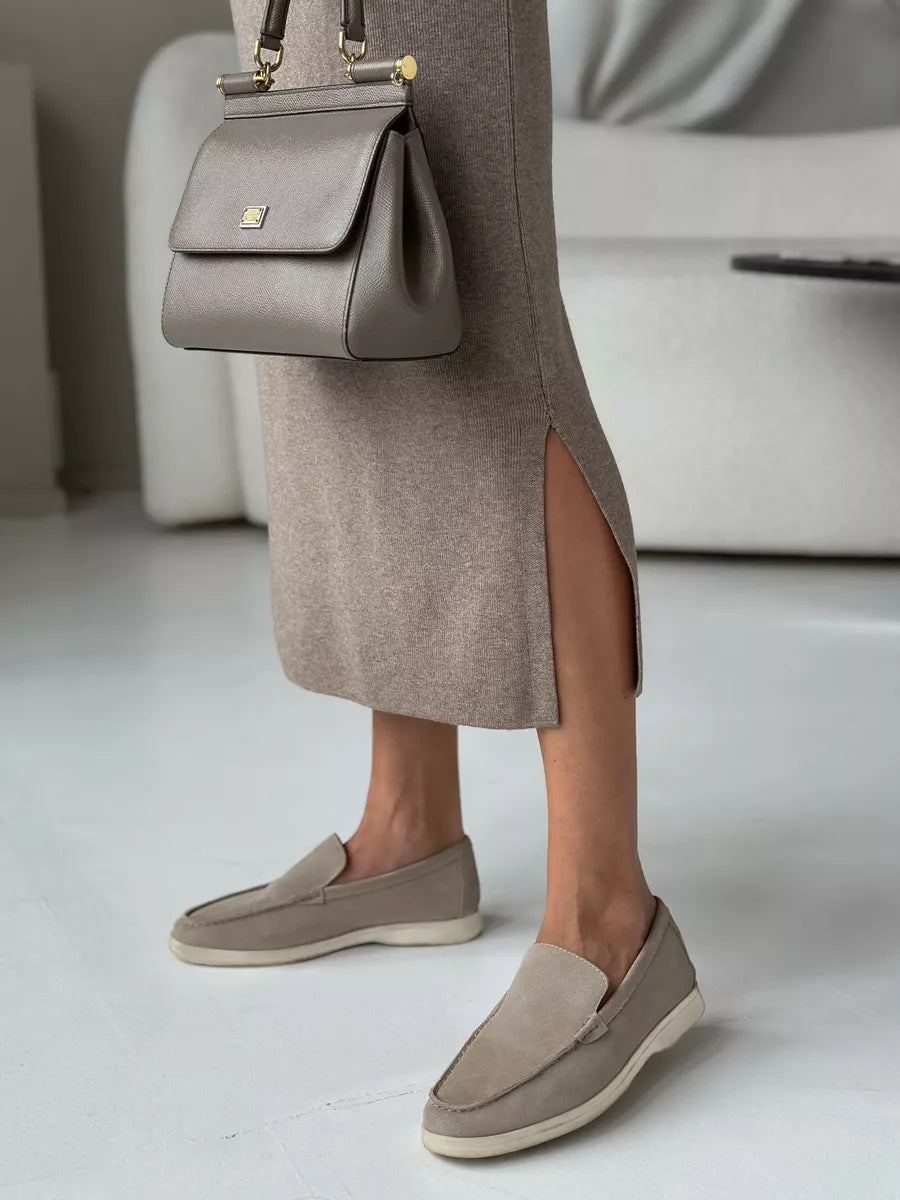 Polo Collar Knit Top And Slit Skirt Set - Taupe - 4